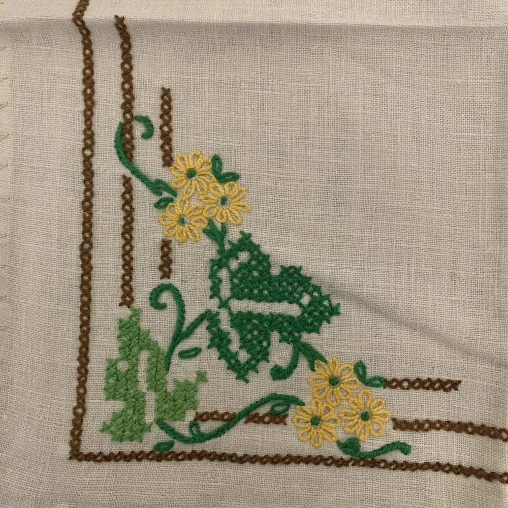 Vintage‎ Embroidered Linen Napkins Yellow Floral Set of 8 Cloth Napkins